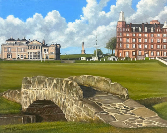 A painted landscape scene showing a stone bridge over a grassy golf field in the foreground, with large buildings on both sides under a blue sky with white clouds.