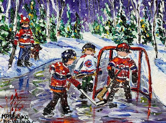 Children playing hockey in a snowy forest at night.