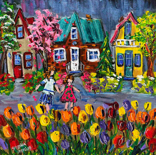 Colorful painting of houses with people holding hands and flowers in a garden.