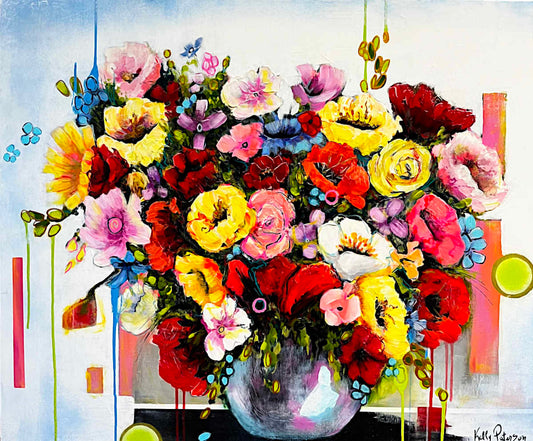 Vibrant painting of a dense floral bouquet in a reflective vase, with many flowers in red, yellow, pink, white, and purple against an abstract light background with drips and geometric accents.