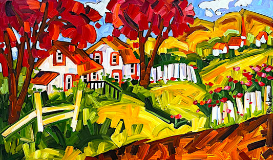 A colorful, textured oil painting of a rural landscape featuring white houses with red roofs, vibrant red autumn trees, green fields, and rolling hills under a blue sky.