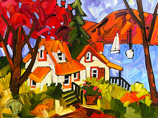 Vibrant impressionistic painting of a lakeside cottage scene with orange roofs, red and green trees, blue water, and bold brushstrokes throughout.