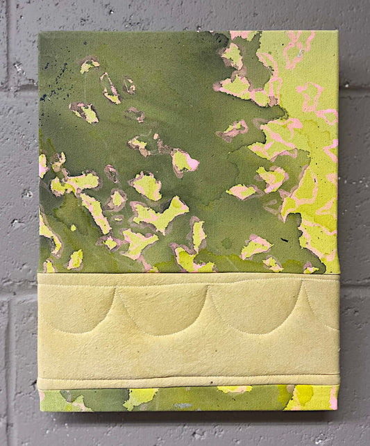 Abstract green painting featuring fibre uses and colorful inks and paints