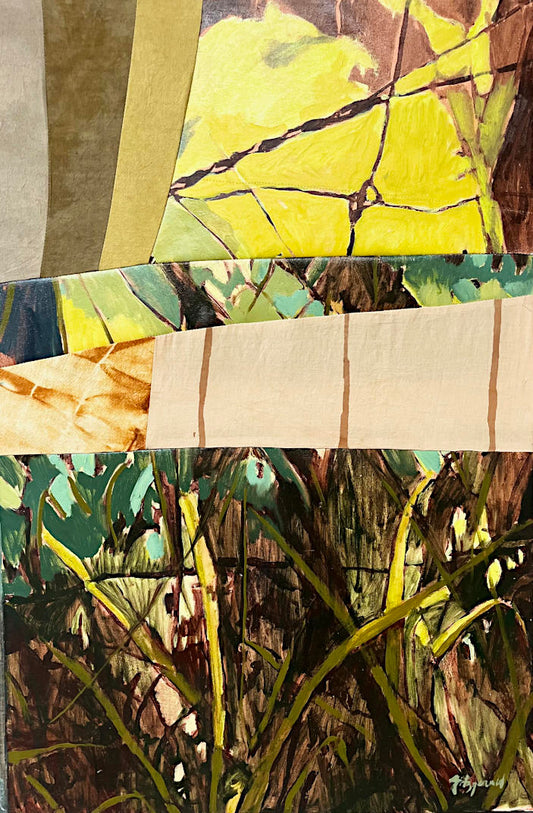 Fabric collage of abstract art with green, yellow, and brown colors natural colours with abstracted landscape