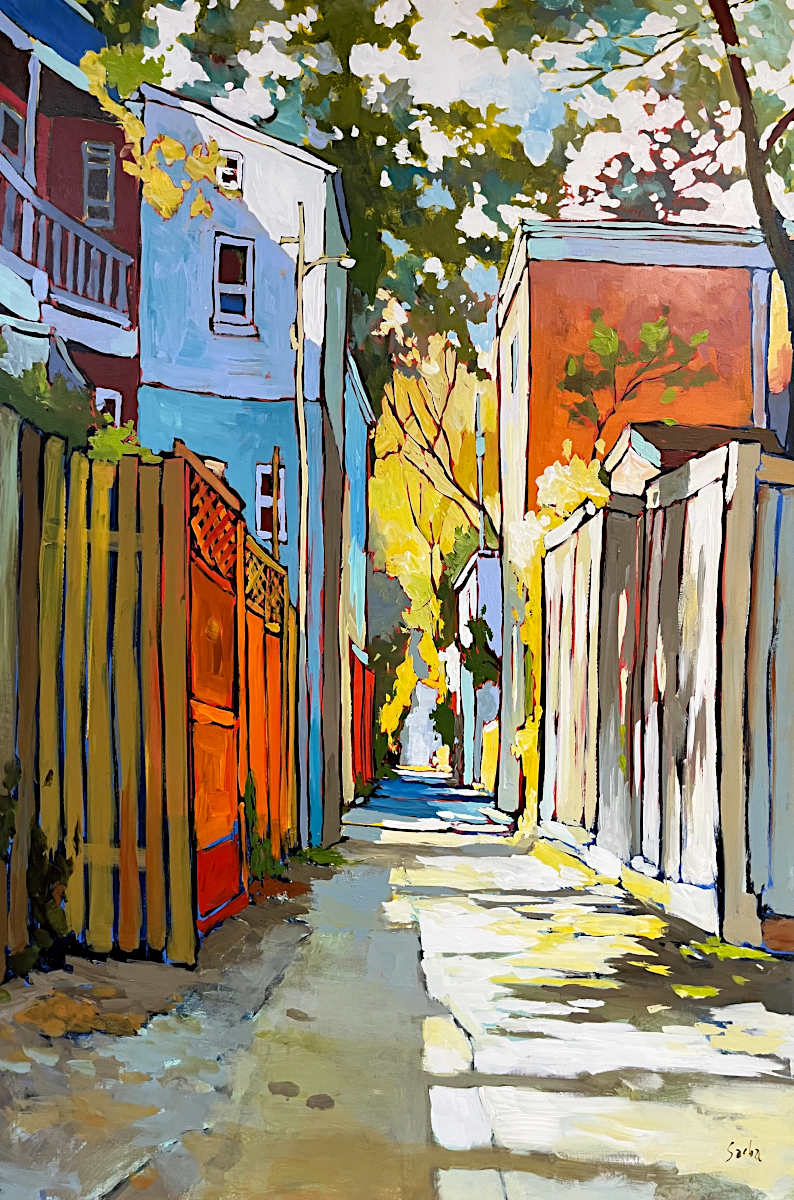 Colorful impressionistic painting of a narrow sunlit alleyway between buildings, with fences, trees, and strong yellow, blue, orange, and white tones.