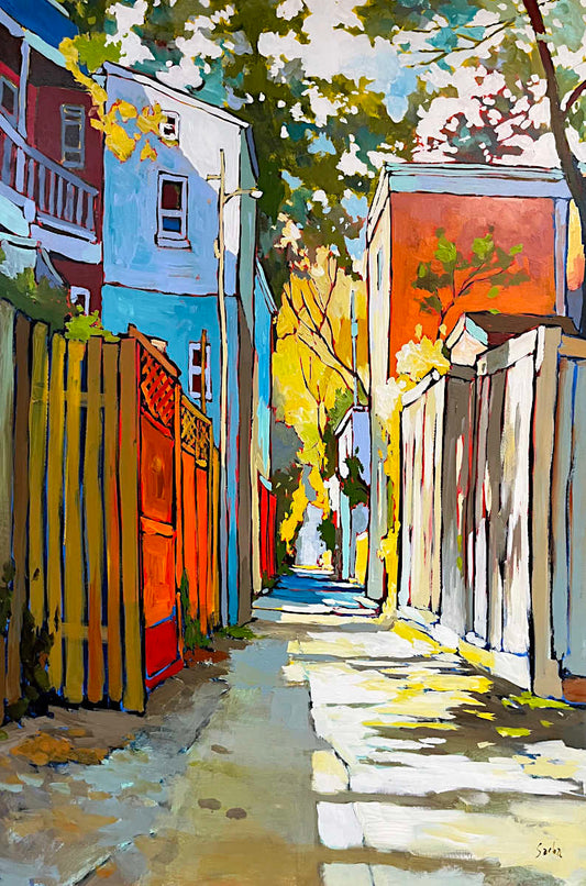 Colorful impressionistic painting of a narrow sunlit alleyway between buildings, with fences, trees, and strong yellow, blue, orange, and white tones.