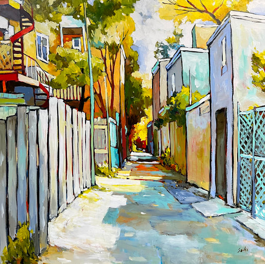 Colorful impressionistic painting of a narrow residential alleyway with trees, fences, houses, and a sunlit path.