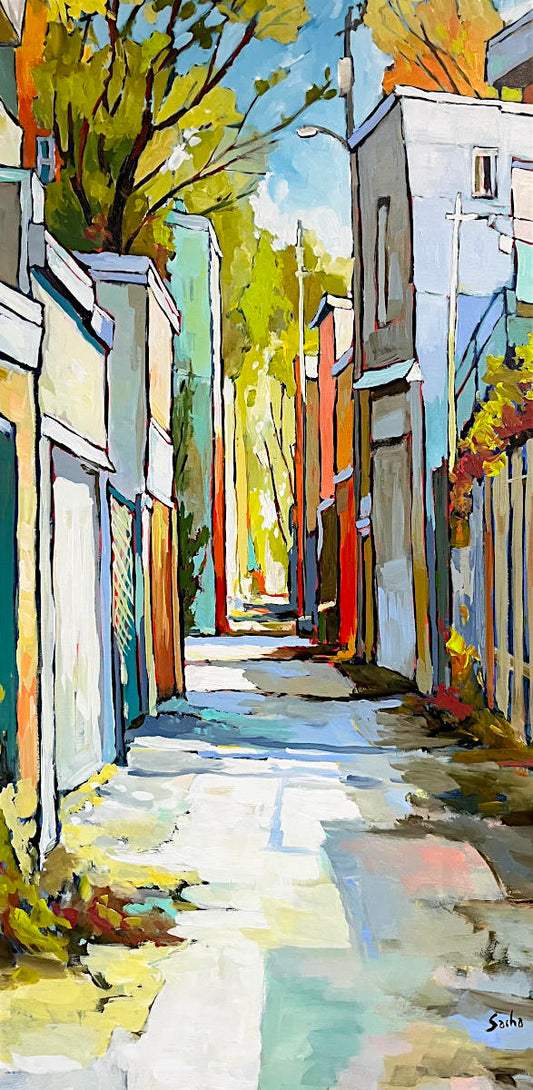 Colorful painting of a narrow street lined with buildings and trees, rendered in bright yellow, green, blue, white, and red tones.