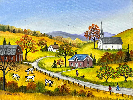 Painting of a village scene with houses, cows, and people in a rural setting