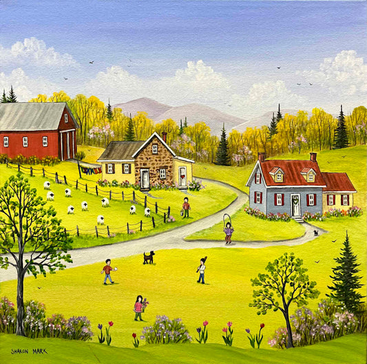 Colorful painting of a rural landscape with houses, animals, and people.