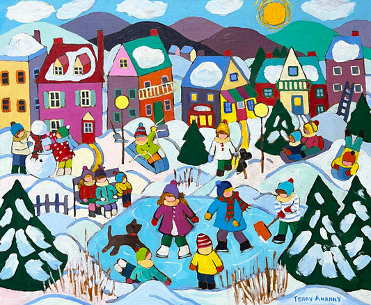 A colorful winter village painting with children playing on snow and an ice rink, surrounded by houses, evergreen trees, mountains, and a bright sun. The artwork is signed Terry Annamy in the lower right corner.