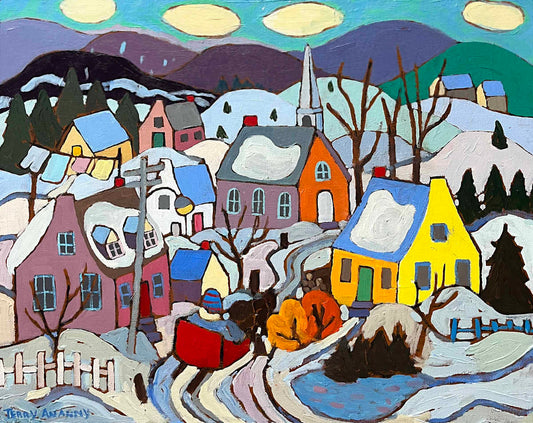 original painting of a cozy winter scene with bright beautiful colors and a horse drawn carriage with mountains in the distance.