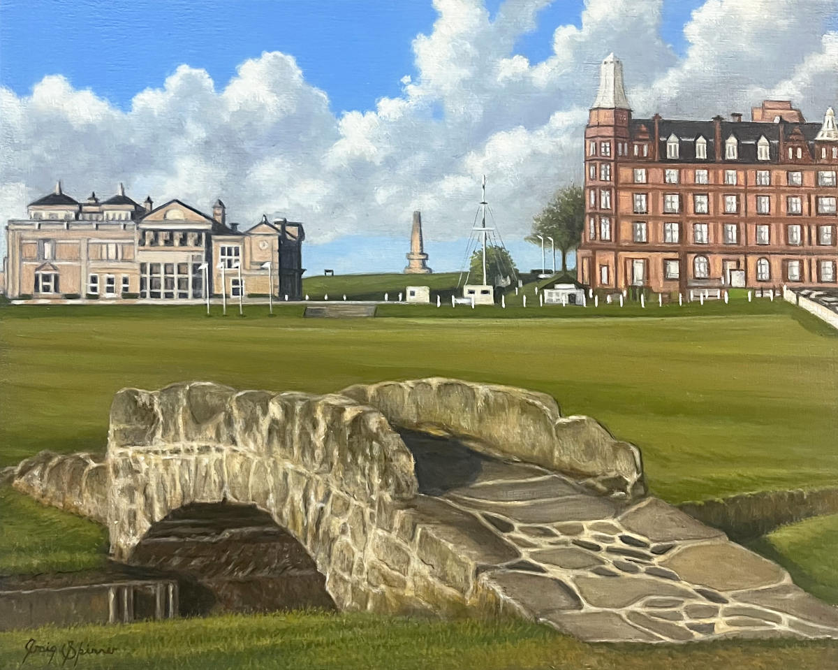 A painted landscape scene showing a stone bridge over a grassy golf field in the foreground, with large buildings on both sides under a blue sky with white clouds.
