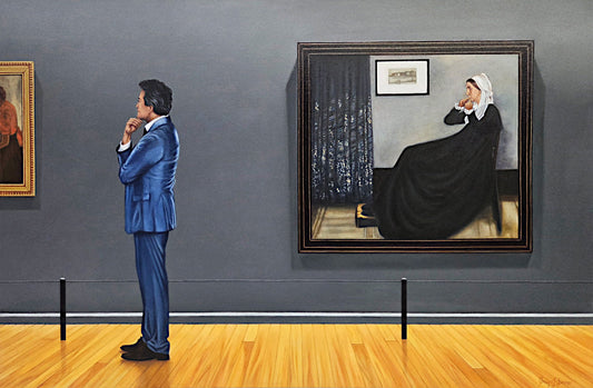 Man in a blue suit looking at a painting of a woman in a black dress in an art gallery.