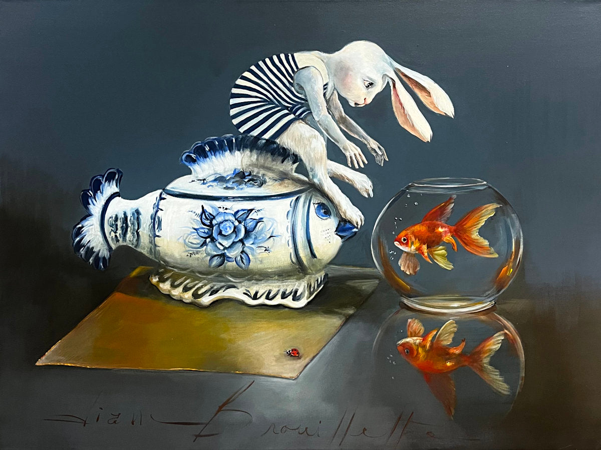 A surreal still-life painting featuring a white rabbit with long ears leaning over a blue-and-white fish-shaped ceramic pot, next to a round fishbowl containing an orange goldfish, on a dark gray background.