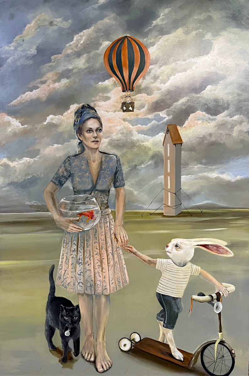 A surreal painted scene showing a woman in a patterned dress holding a fishbowl, standing beside a black cat. A white rabbit wearing a striped shirt rides a small bicycle on a scooter nearby, under a dramatic cloudy sky with a hot air balloon and a tall tower in the background.