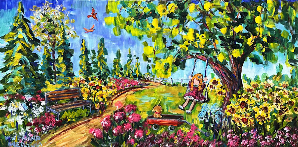 Colorful painting of a park scene with a swing, bench, and flowers.