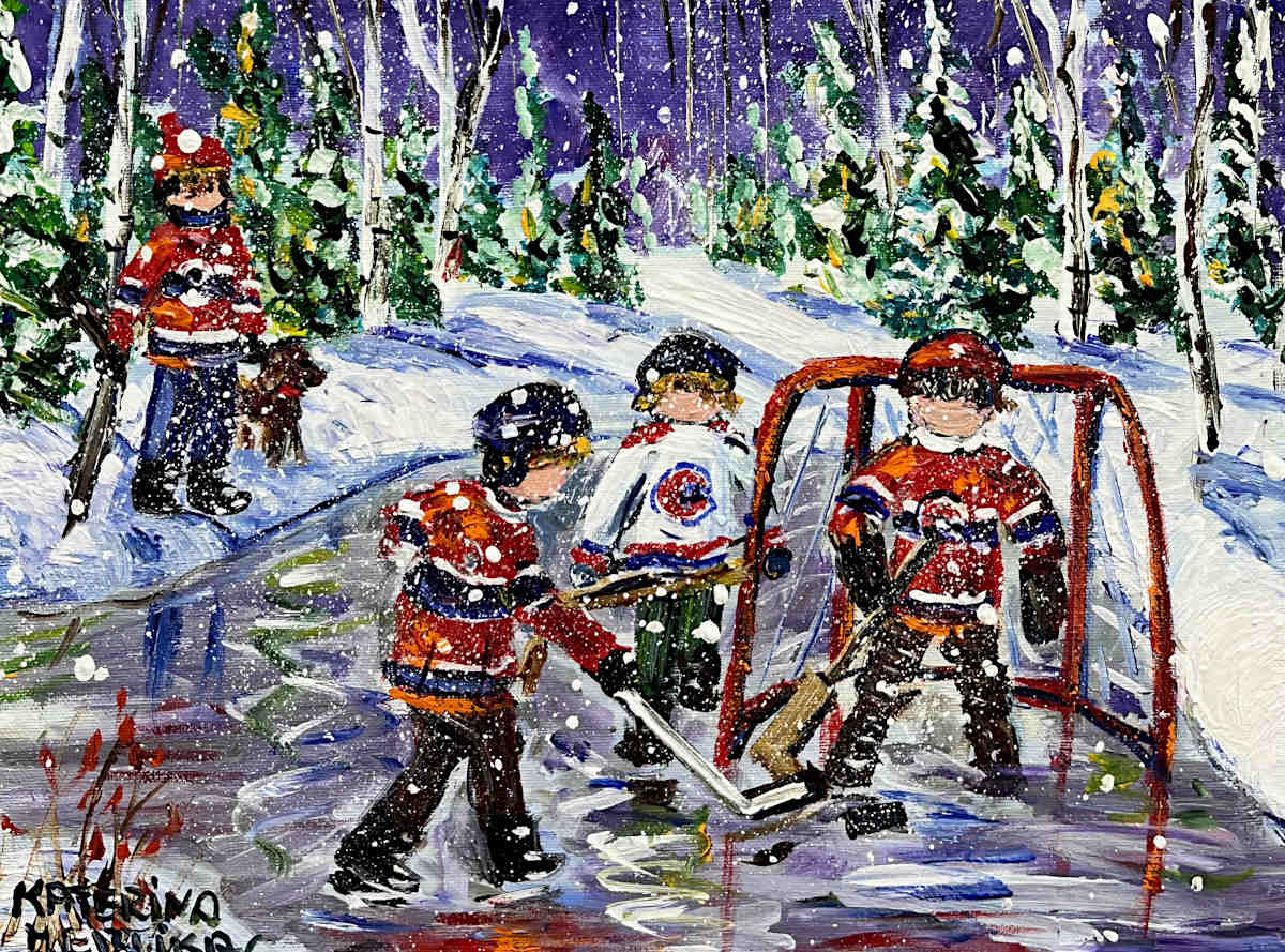 Children playing hockey in a snowy forest at night.