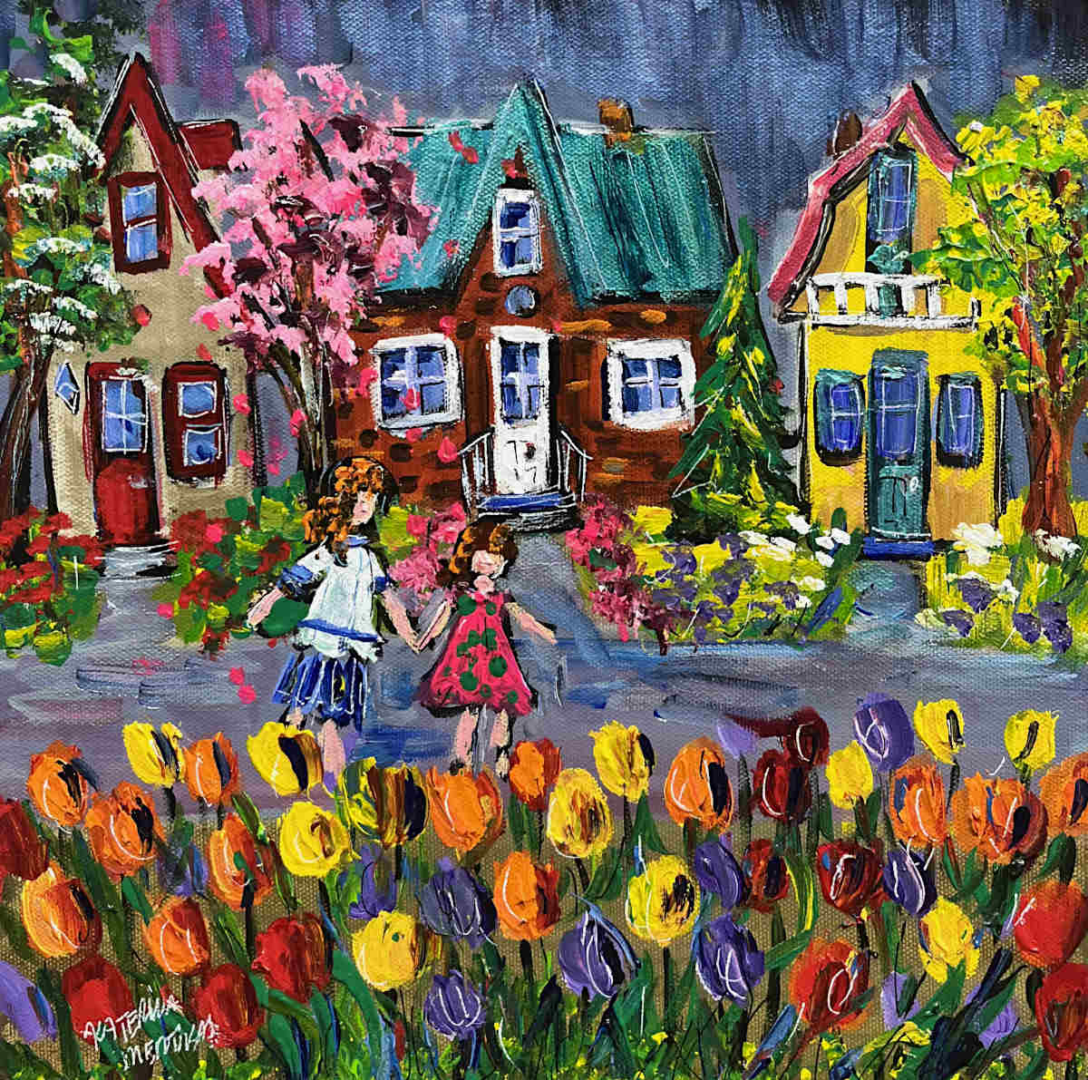 Colorful painting of houses with people holding hands and flowers in a garden.