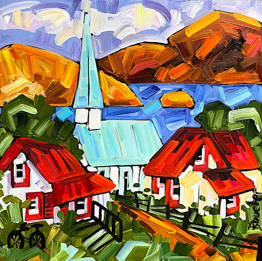 An expressive, colorful painting of a village scene with houses, a church spire, mountains, and a cloudy sky, rendered in bold brushstrokes of blue, orange, red, green, white, and yellow.