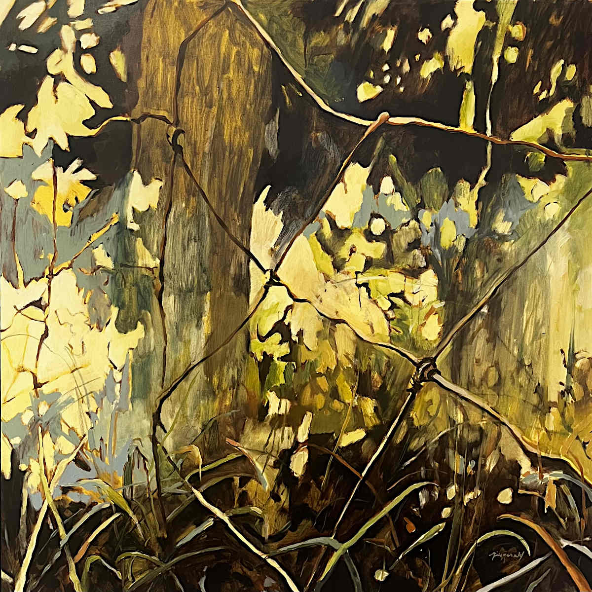 Abstracted painting represented a fence with a tree and foliage, with warm colors and natural elements