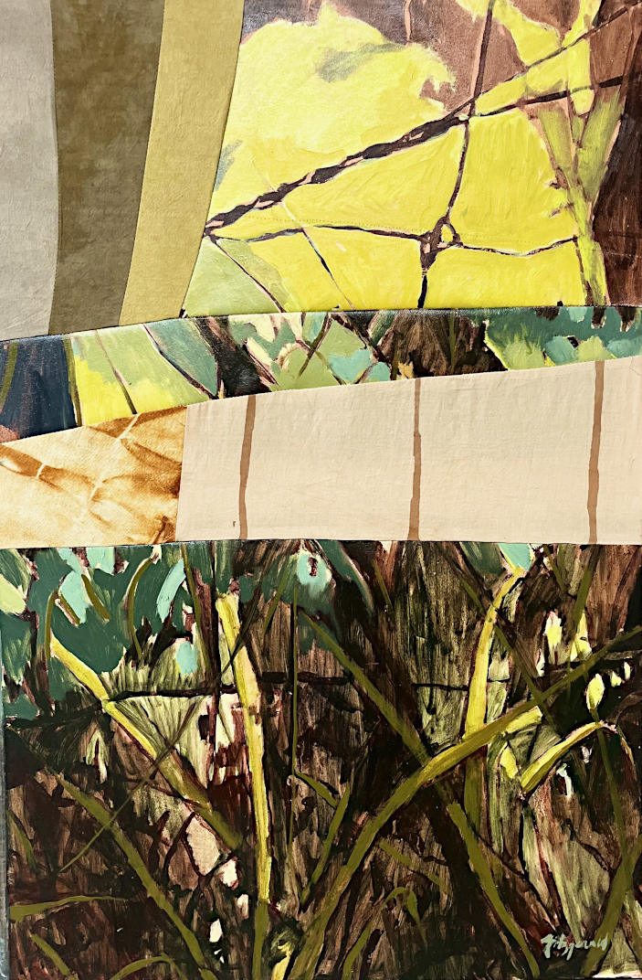 Fabric collage of abstract art with green, yellow, and brown colors natural colours with abstracted landscape