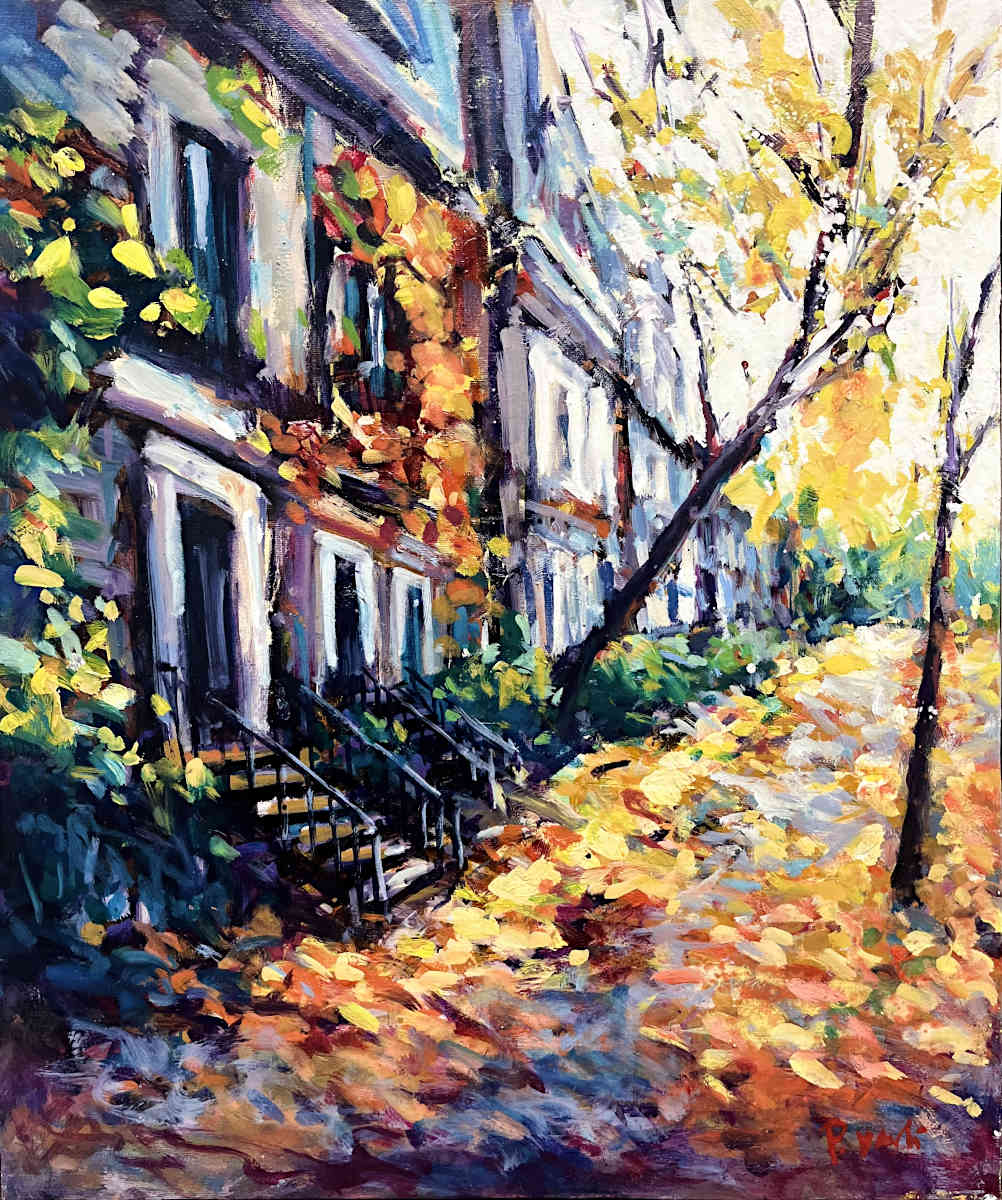 Painting of a street scene with houses and trees in autumn colors