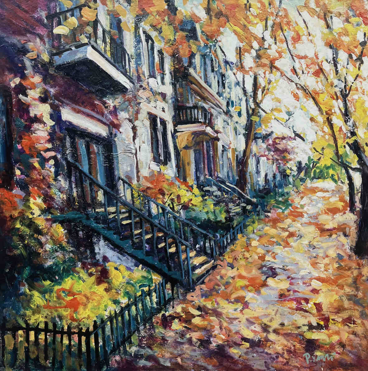 Painting of a street scene with autumn foliage and houses.