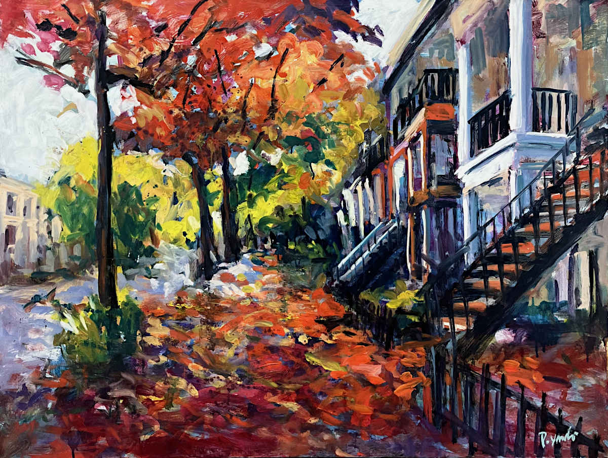 Painting of a street scene with colorful trees and a house.