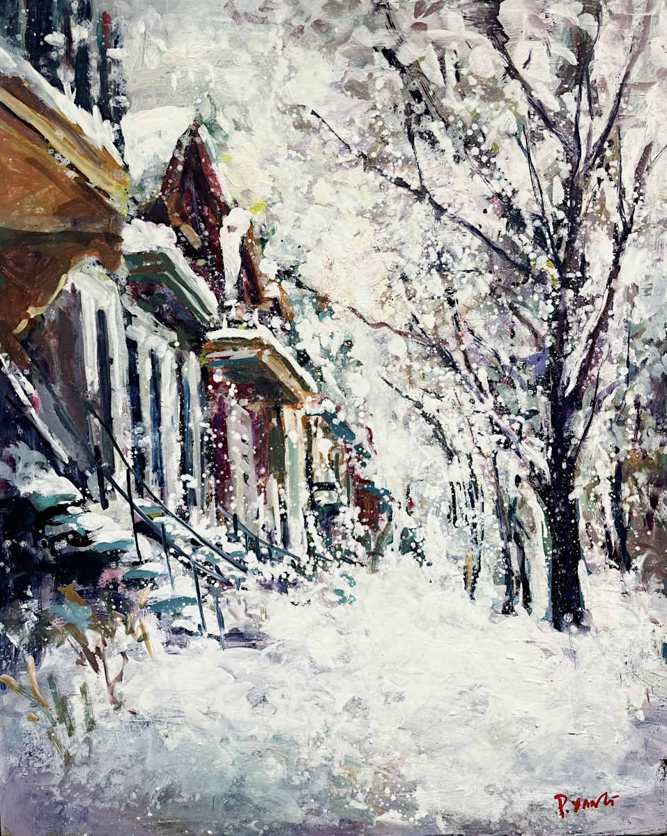 Winter scene with snow-covered street and buildings, artist's signature visible