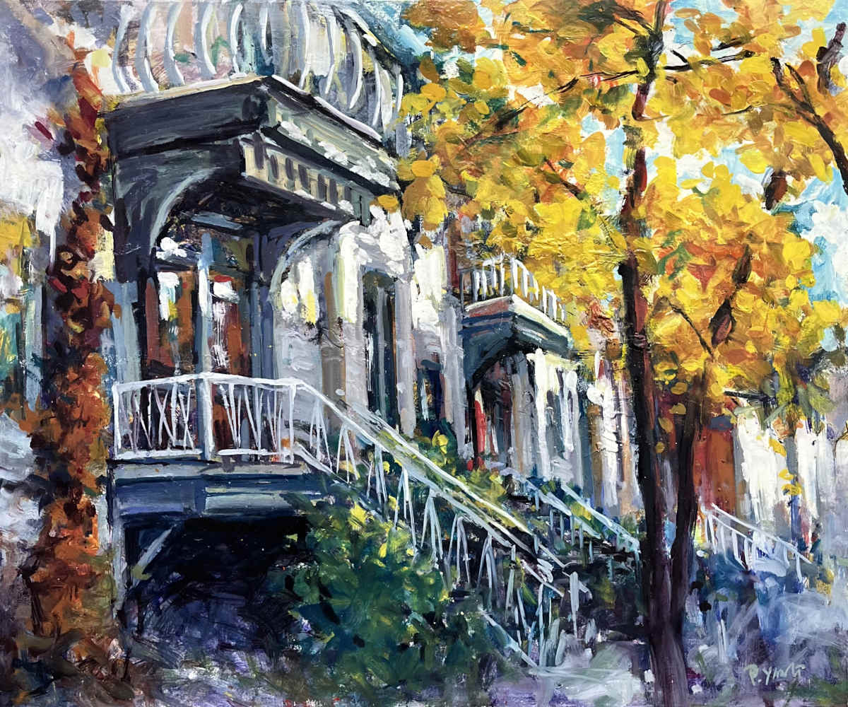 Painting of a gazebo with autumn trees and colorful foliage