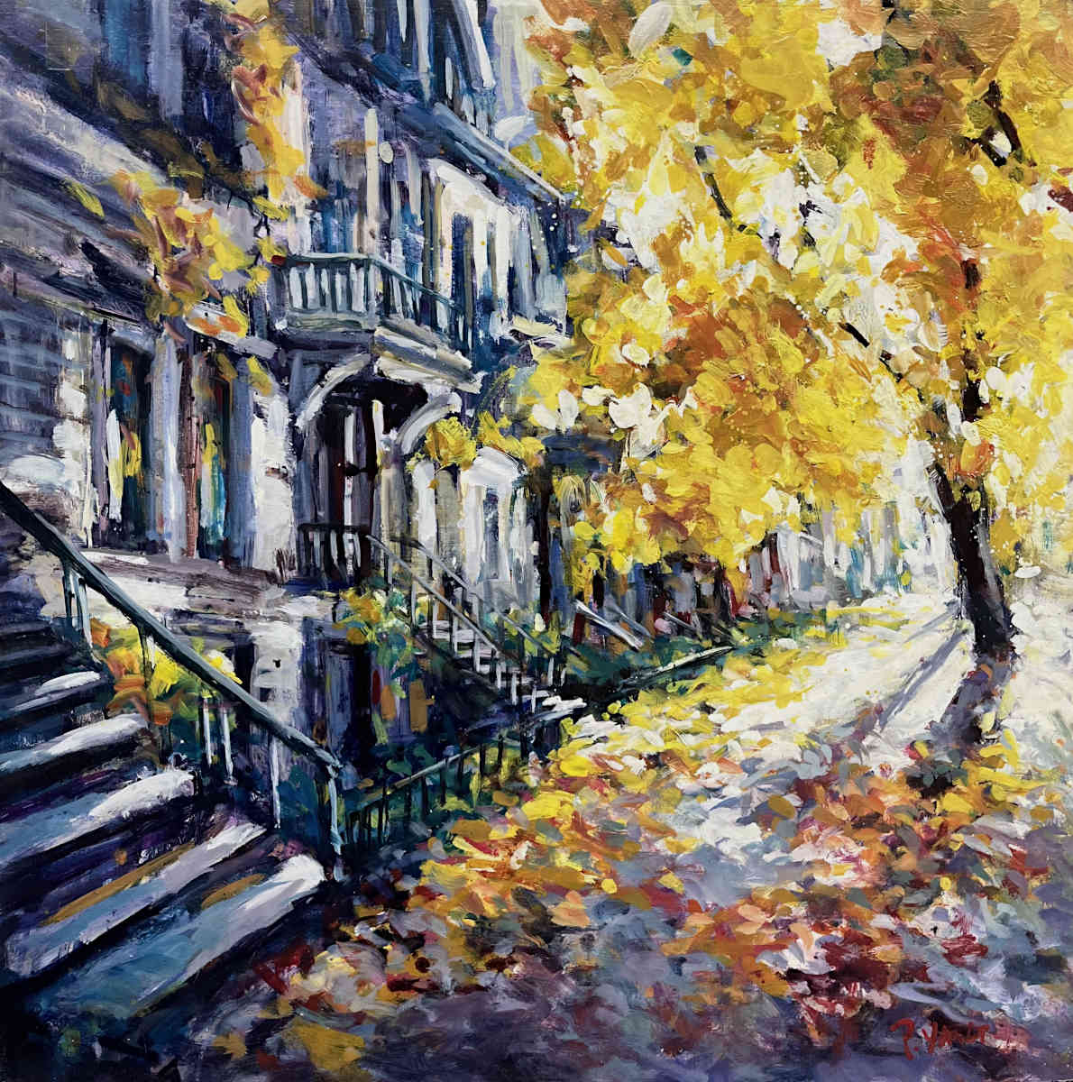 Painting of a street scene with houses and trees in autumn colors
