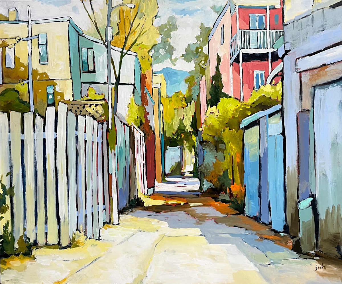 An impressionistic painting of a narrow alleyway between colorful houses, with a white fence on the left, blue shutters on the right, and trees casting dappled light along the path.