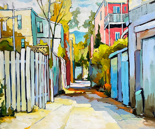 An impressionistic painting of a narrow alleyway between colorful houses, with a white fence on the left, blue shutters on the right, and trees casting dappled light along the path.