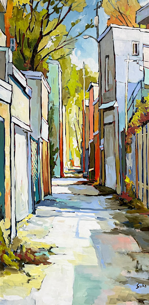 Colorful painting of a narrow street lined with buildings and trees, rendered in bright yellow, green, blue, white, and red tones.