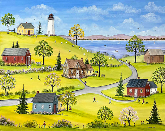 Colorful landscape painting of a village by a lake with houses, trees, and a lighthouse.