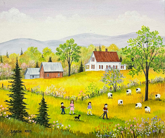 Painting of a rural landscape with a house, trees, and people in a field.