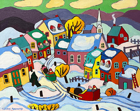 original painting of a cozy winter scene with bright beautiful colors and a horse drawn carriage with mountains in the distance. 